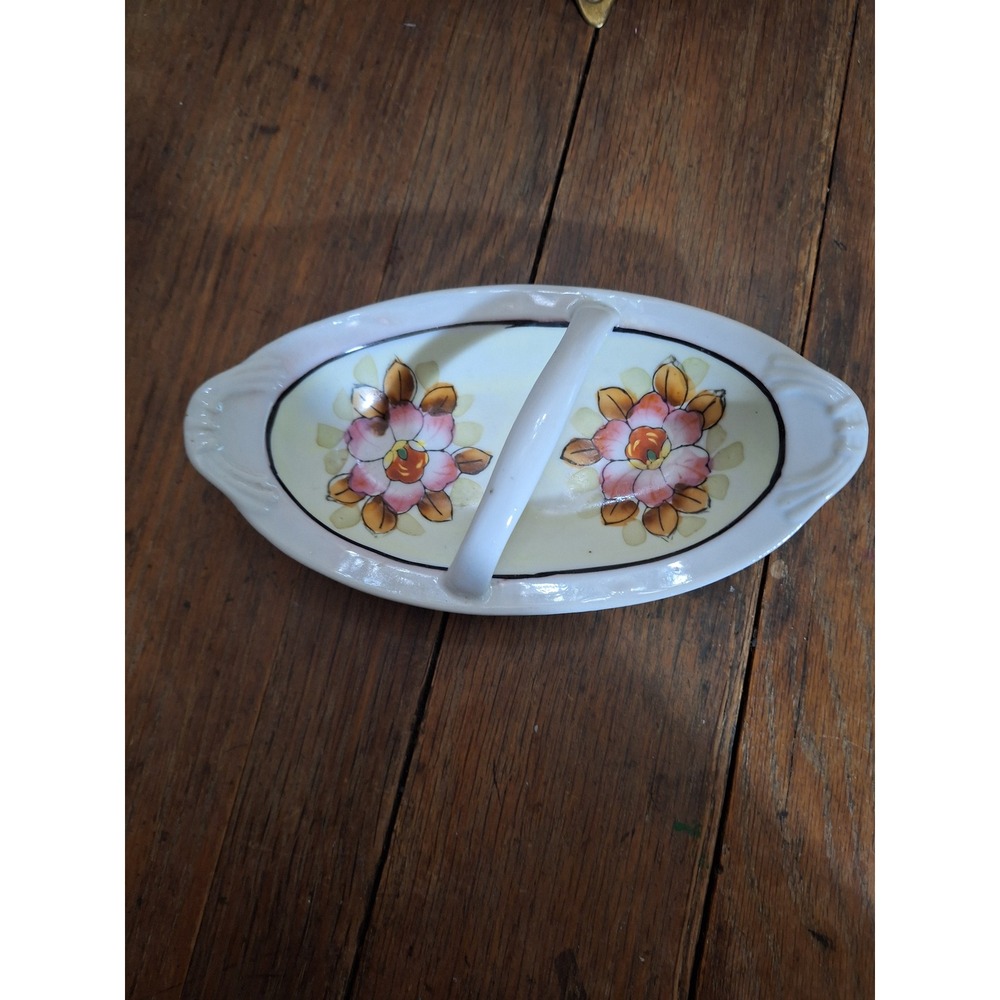 Vintage Hand Painted Japan Porcelain Floral Nappy Dish Handle Scalloped Edge